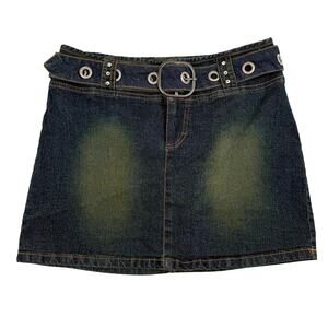 Gasoline Y2K Denim Mini Skirt Grommet Belt Rhinestone Accents Whimsygoth Size 5